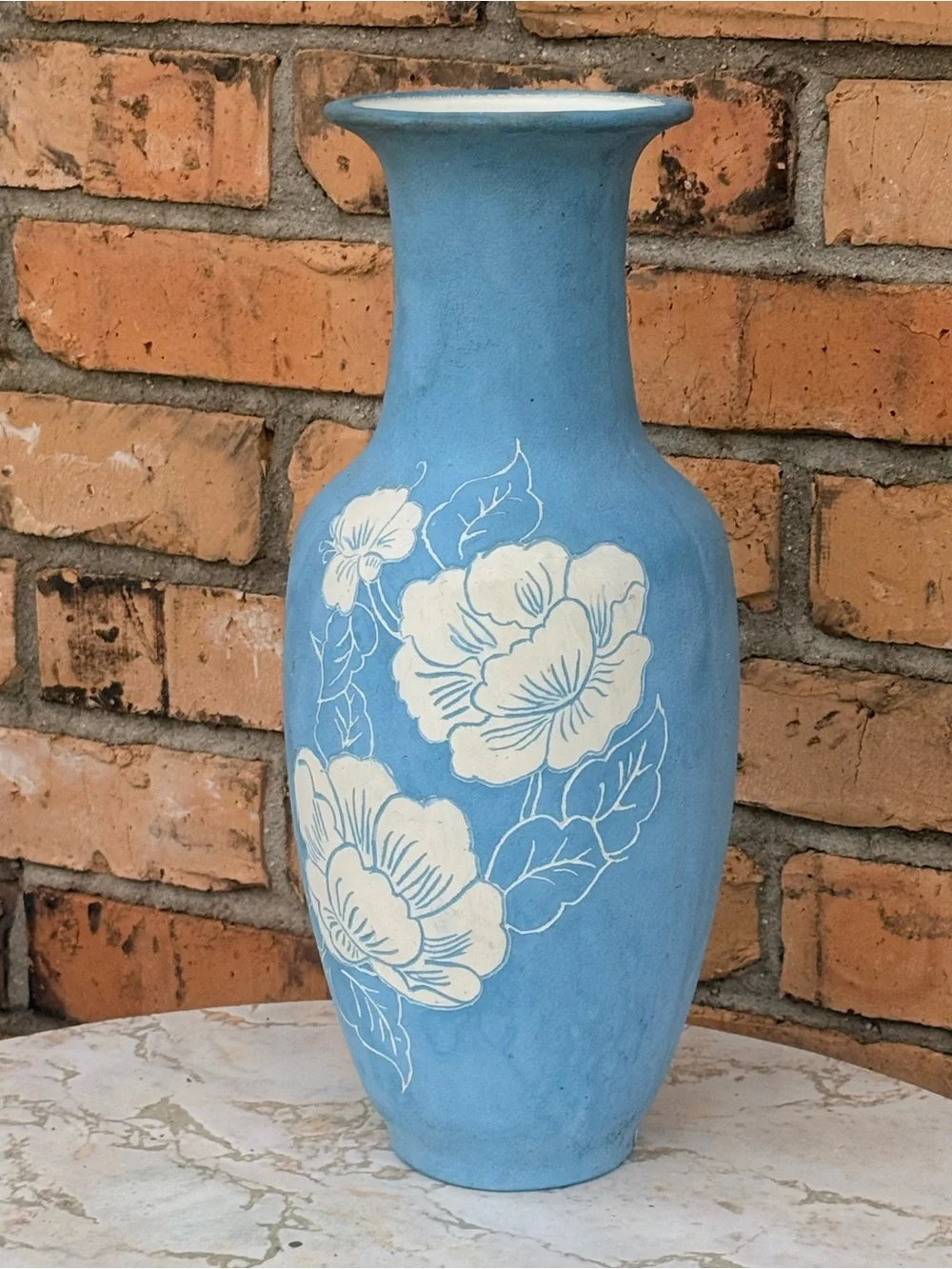 Large Blue Floral Ceramic Vase with White Flower Motif